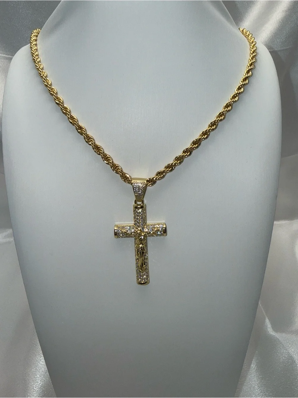 24 Inch Rope Chain CZ Cross Pendant Necklace 18k gold dipped, 14k stamped